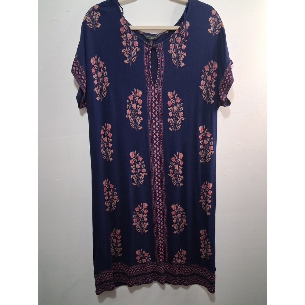 Lucky Brand Womens Dress XL Blue Floral Print Short Sleeve Keyhole Neck
